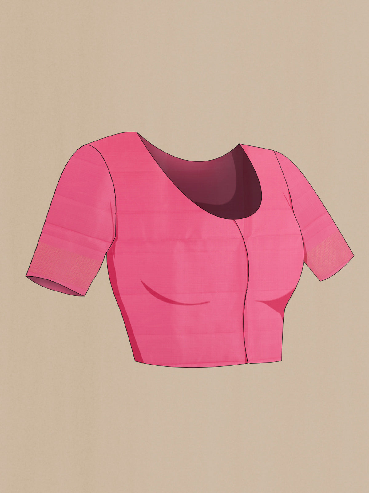 Close up image of the blouse of Pure Silk Pink Soft Saree with Plain Body and Zari Border. 