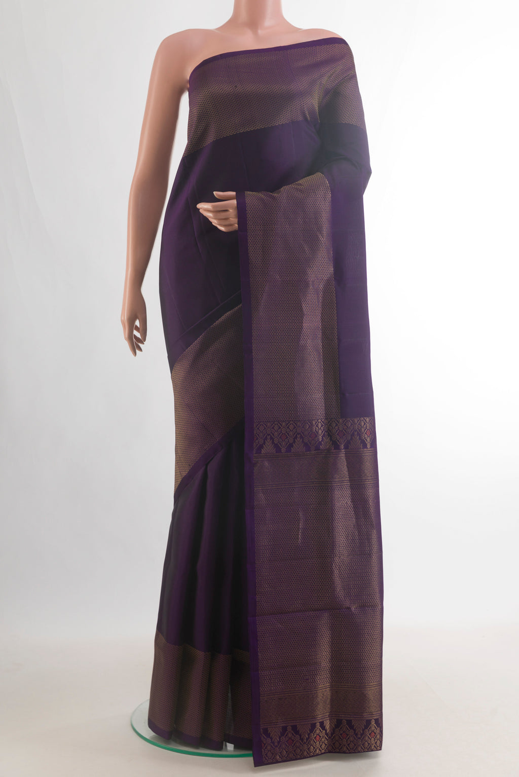 Pure Silk Violet Soft Saree with Plain Body and Zari Border.  displayed on a mannequin
