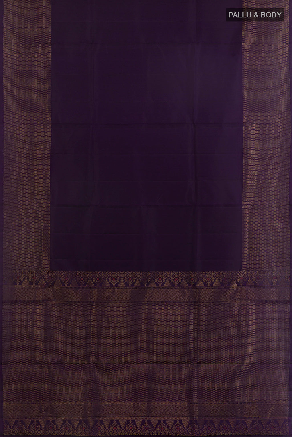 Flat view of Pure Silk Violet Soft Saree with Plain Body and Zari Border. 