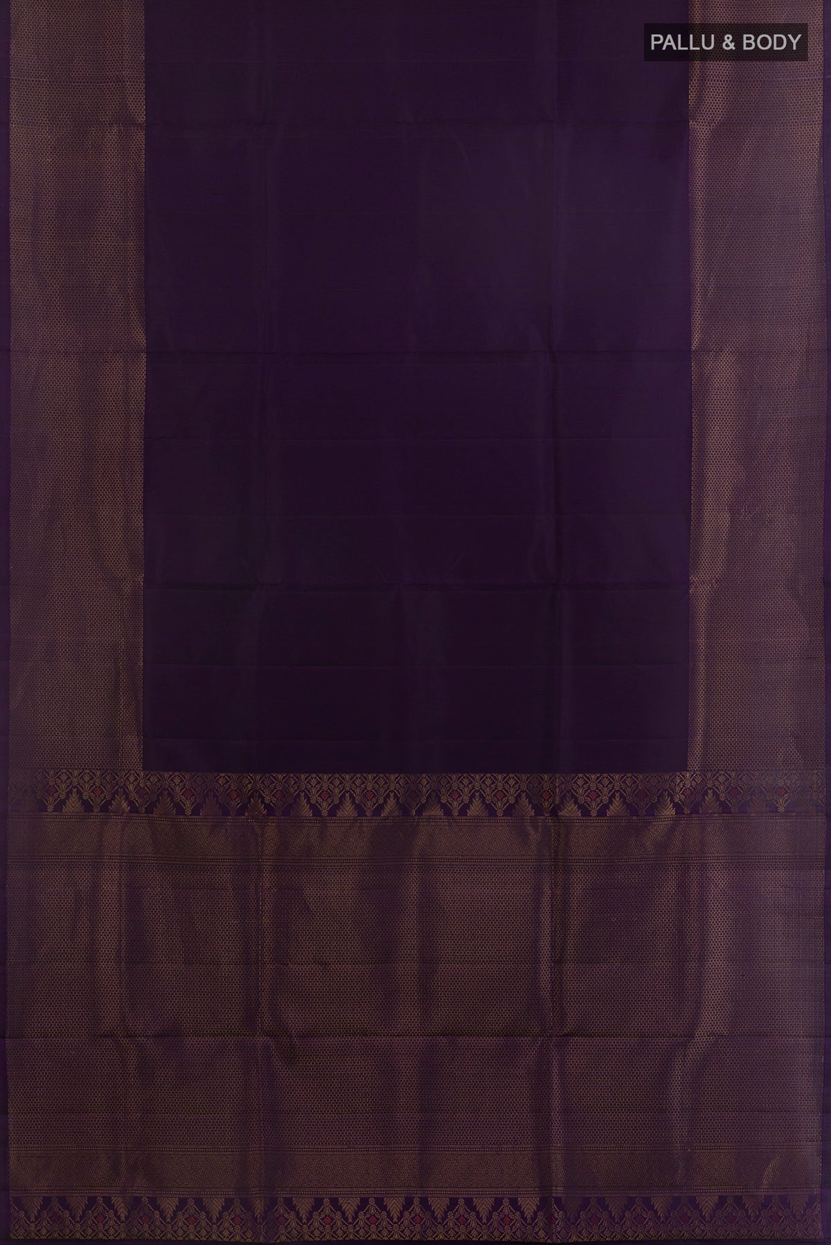 Flat view of Pure Silk Violet Soft Saree with Plain Body and Zari Border. 