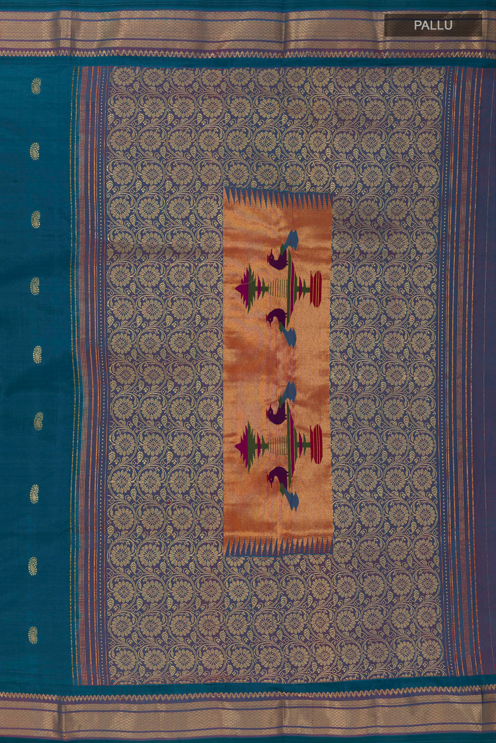 Close up image of the pallu of Pure Silk Peacock Blue Paithani Saree with Zari Butta on the body and Zari Border. 