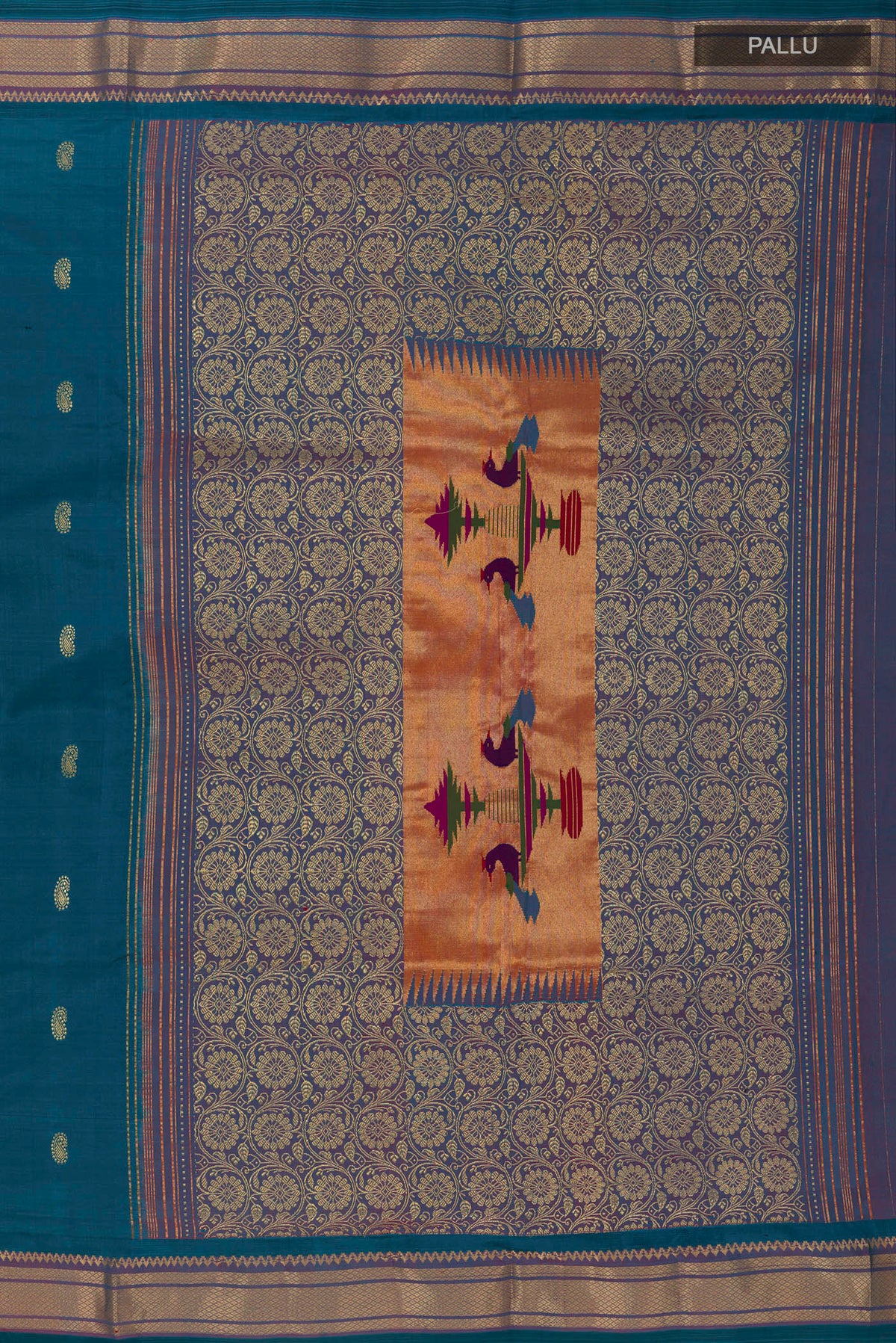 Close up image of the pallu of Pure Silk Peacock Blue Paithani Saree with Zari Butta on the body and Zari Border. 