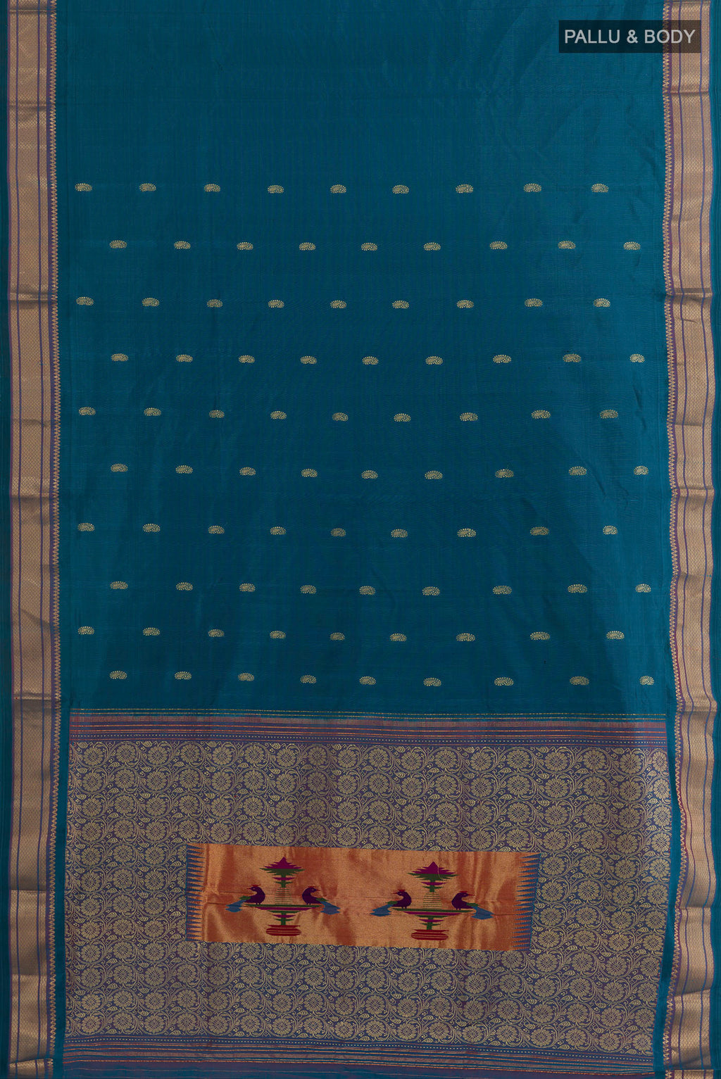 Flat view of Pure Silk Peacock Blue Paithani Saree with Zari Butta on the body and Zari Border. 