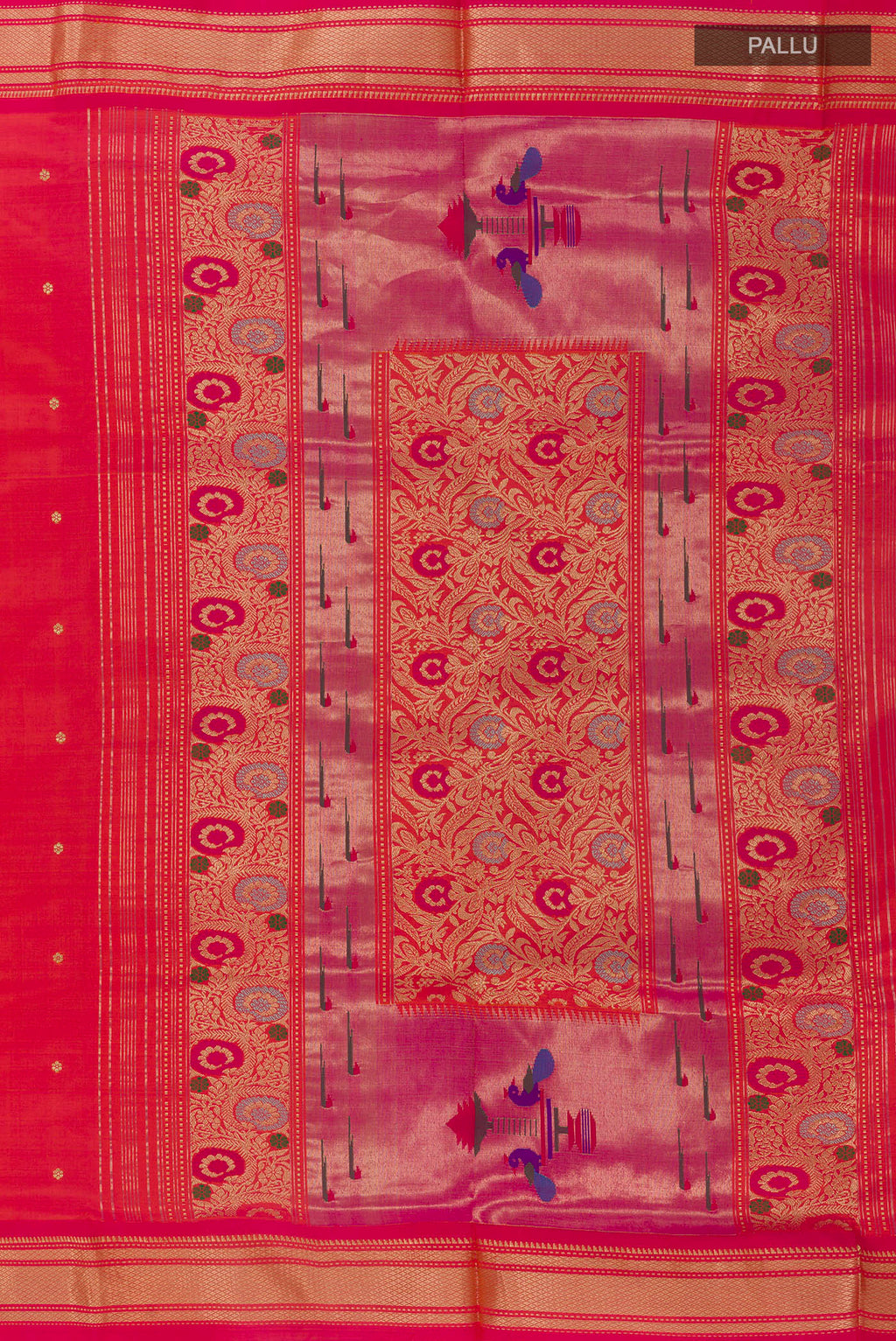 Close up image of the pallu of Pure Silk Brick Orange Dual Tone Paithani Saree with Zari Butta on the body and Zari Border. 