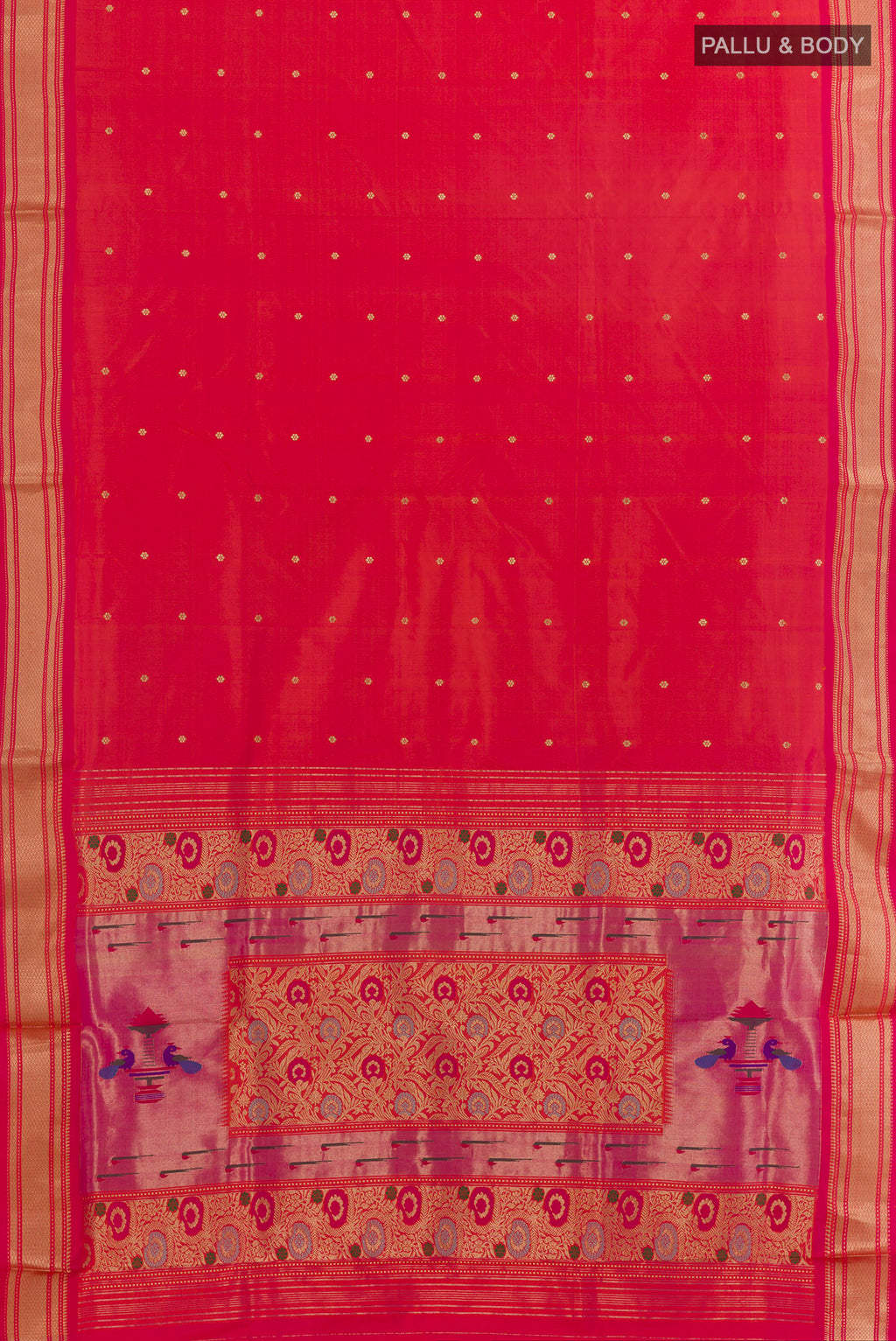 Flat view of Pure Silk Brick Orange Dual Tone Paithani Saree with Zari Butta on the body and Zari Border. 