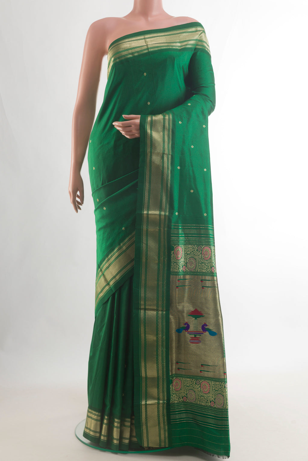 Pure Silk Green Paithani Saree with Zari Butta on the body and Zari Border.  displayed on a mannequin