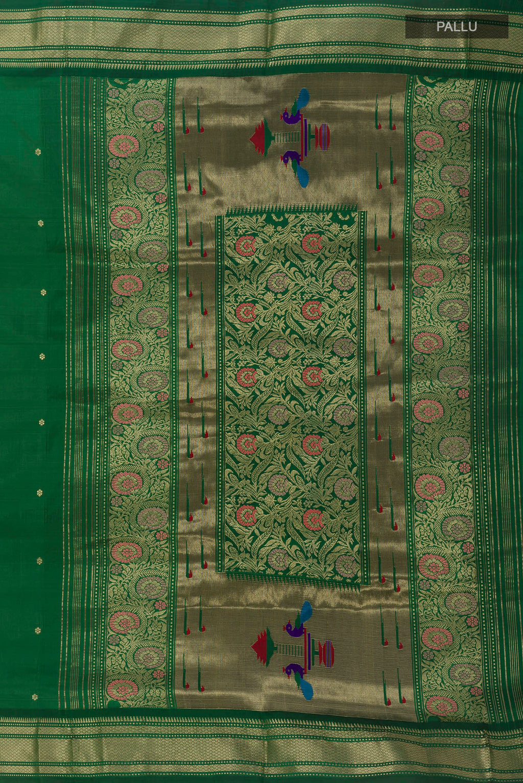Close up image of the pallu of Pure Silk Green Paithani Saree with Zari Butta on the body and Zari Border. 