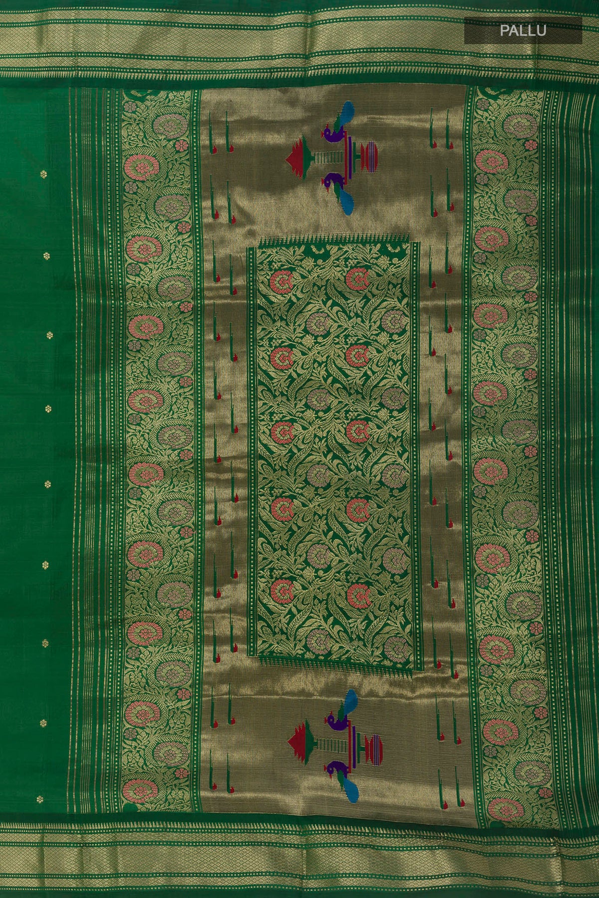 Close up image of the pallu of Pure Silk Green Paithani Saree with Zari Butta on the body and Zari Border. 