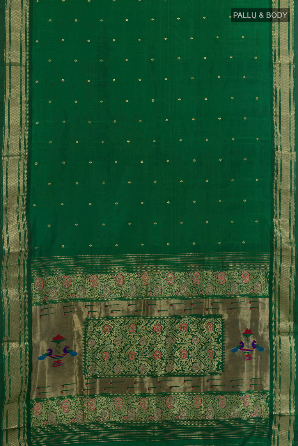 Flat view of Pure Silk Green Paithani Saree with Zari Butta on the body and Zari Border. 