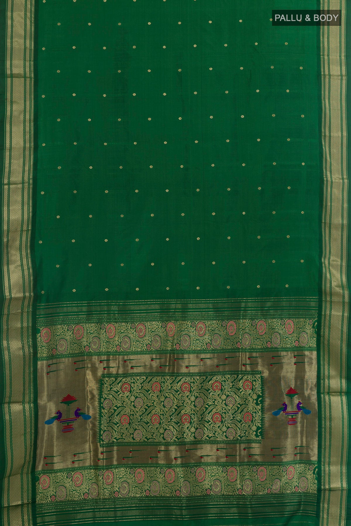 Flat view of Pure Silk Green Paithani Saree with Zari Butta on the body and Zari Border. 