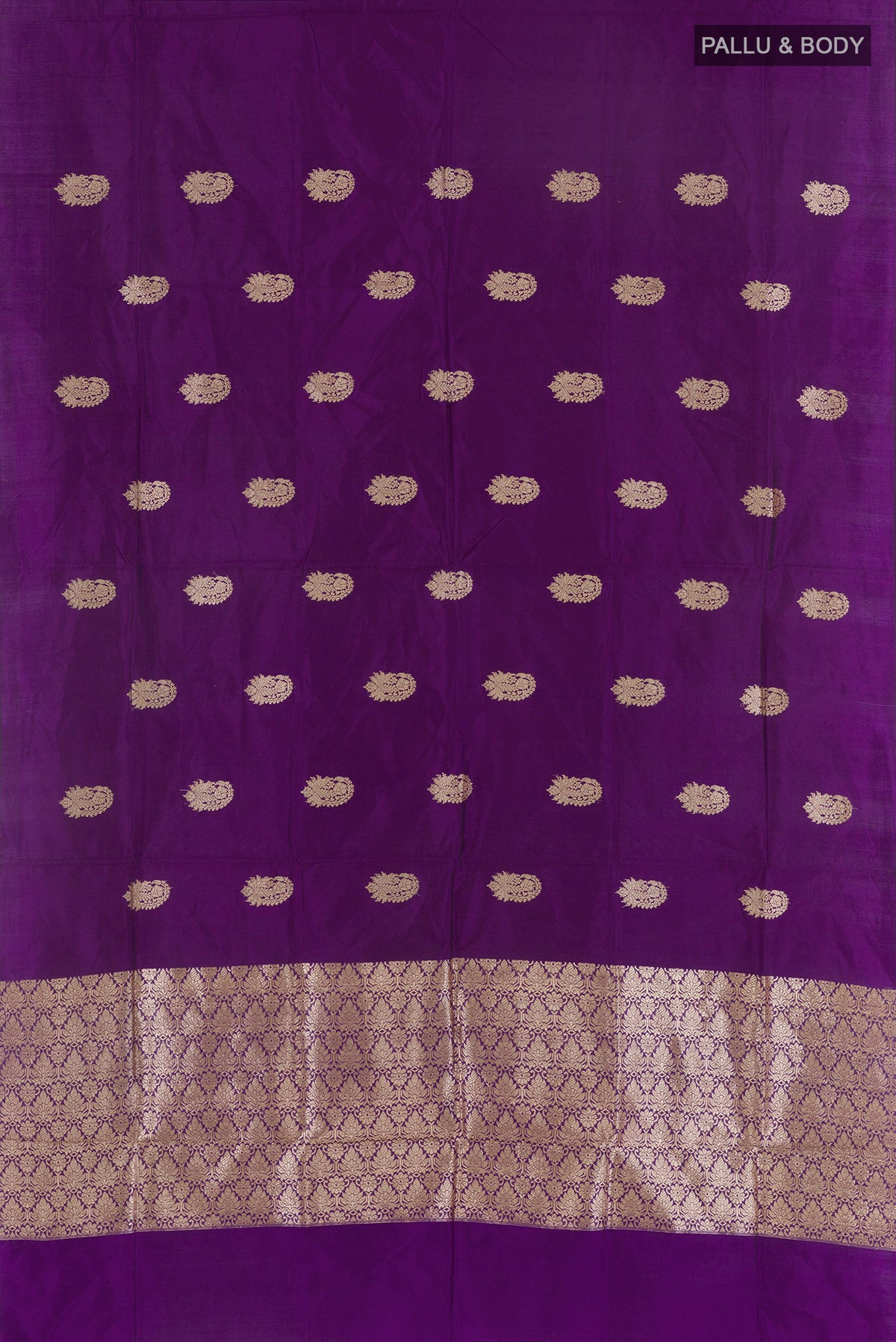 Flat view of Pure Silk Purple Banarasi Katan Saree with Zari Butta on the body and Without Border. 