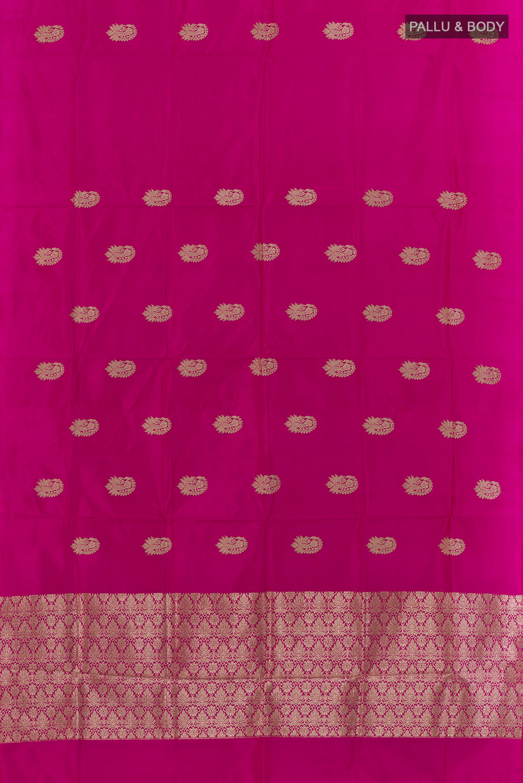 Flat view of Pure Silk Pink Banarasi Katan Saree with Zari Butta on the body and Without Border. 