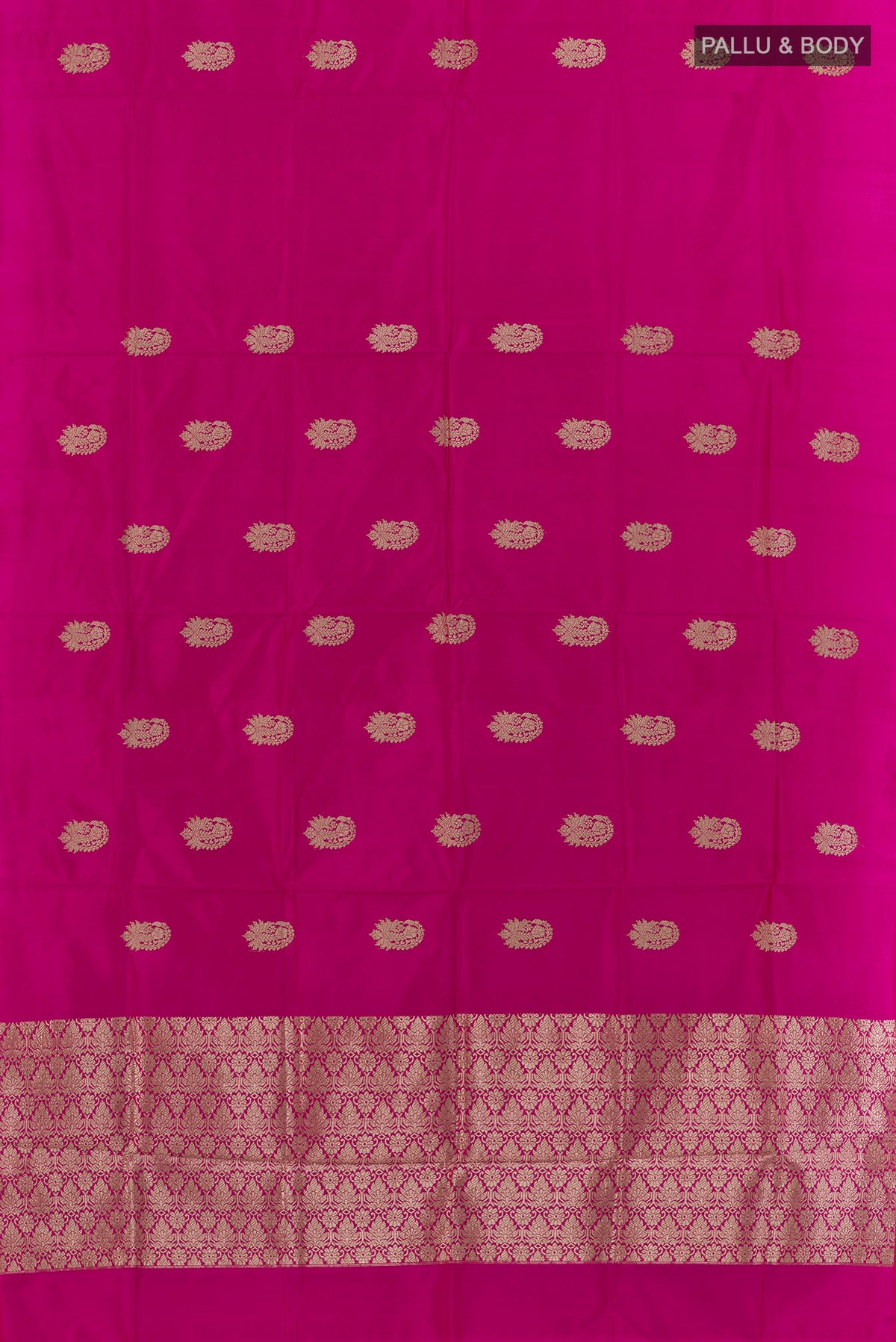 Flat view of Pure Silk Pink Banarasi Katan Saree with Zari Butta on the body and Without Border. 
