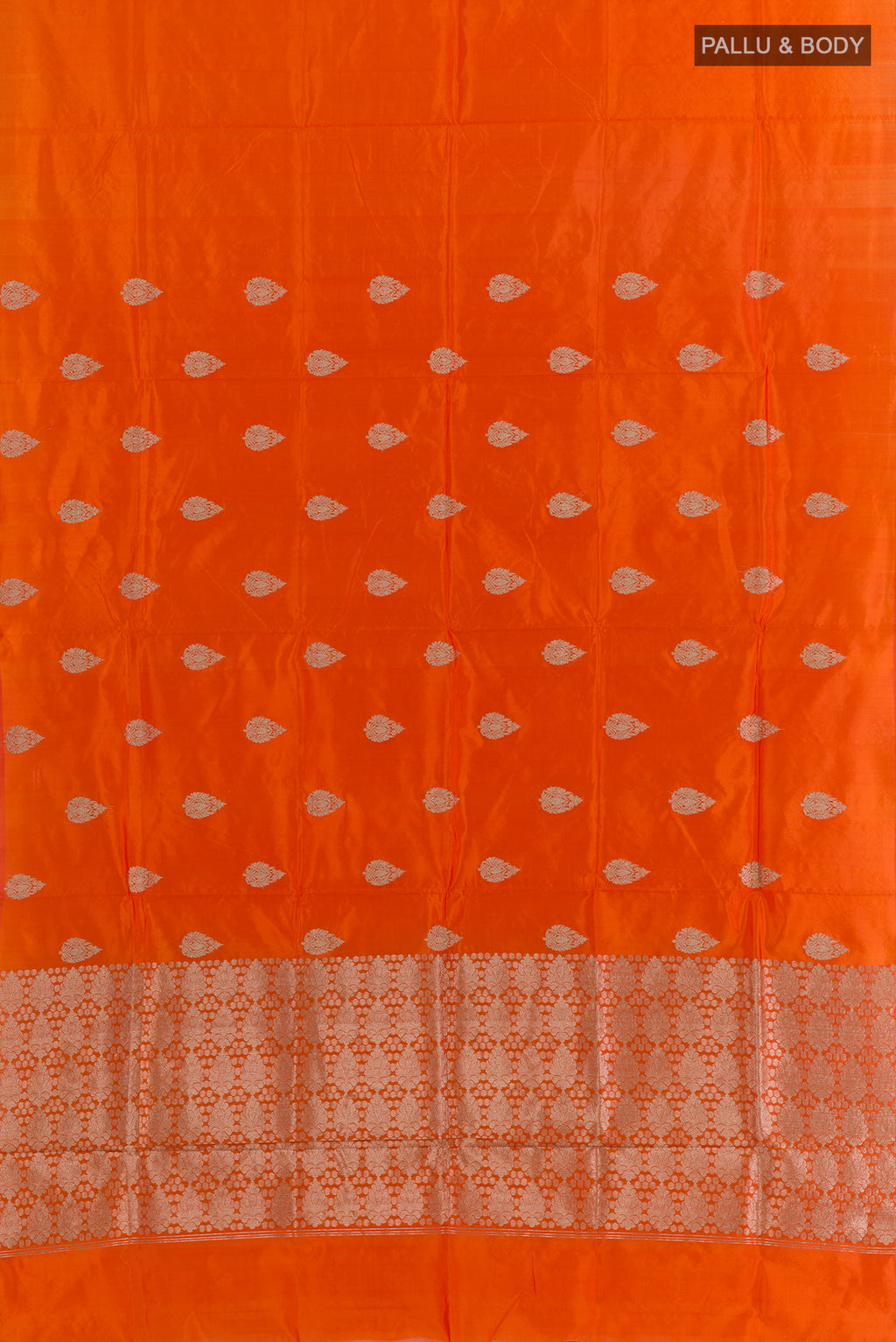 Flat view of Pure Silk Orange Banarasi Katan Saree with Zari Butta on the body and Without Border. 