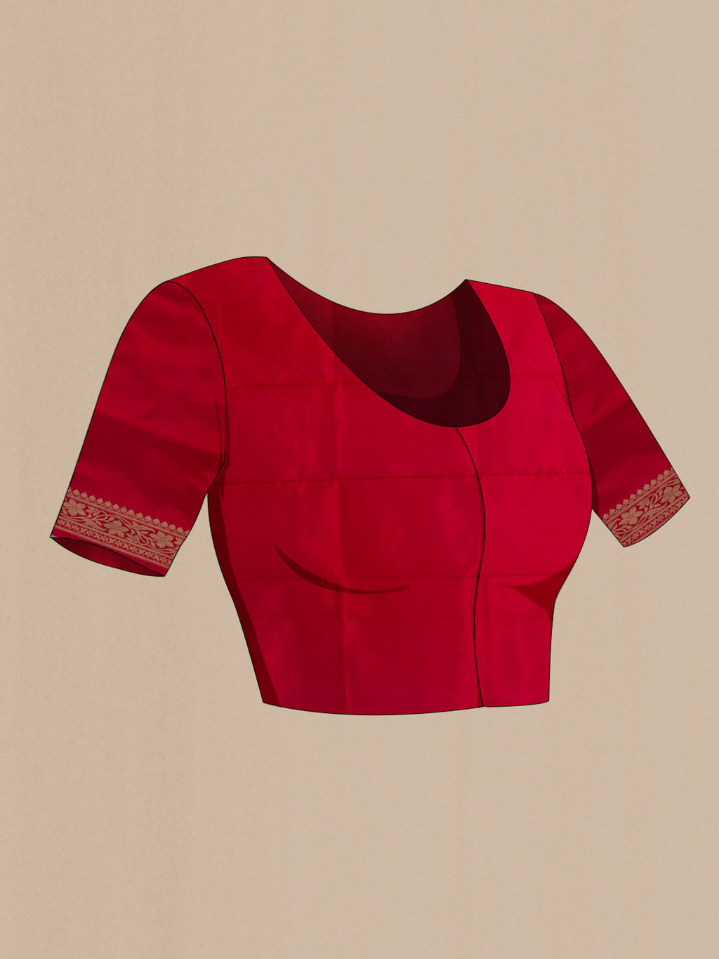 Close up image of the blouse of Pure Silk Red Banarasi Katan Saree with Zari Butta on the body and Zari Border. 