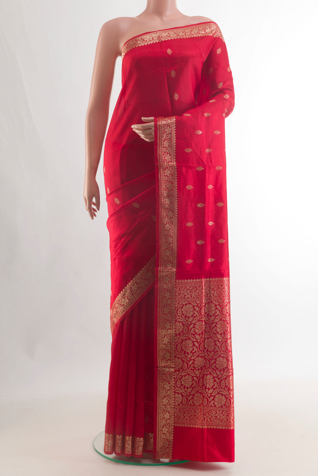 Pure Silk Red Banarasi Katan Saree with Zari Butta on the body and Zari Border.  displayed on a mannequin