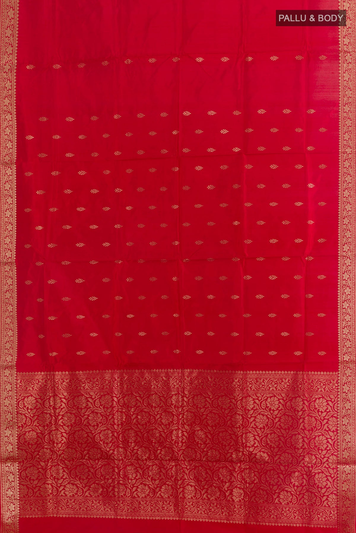 Flat view of Pure Silk Red Banarasi Katan Saree with Zari Butta on the body and Zari Border. 