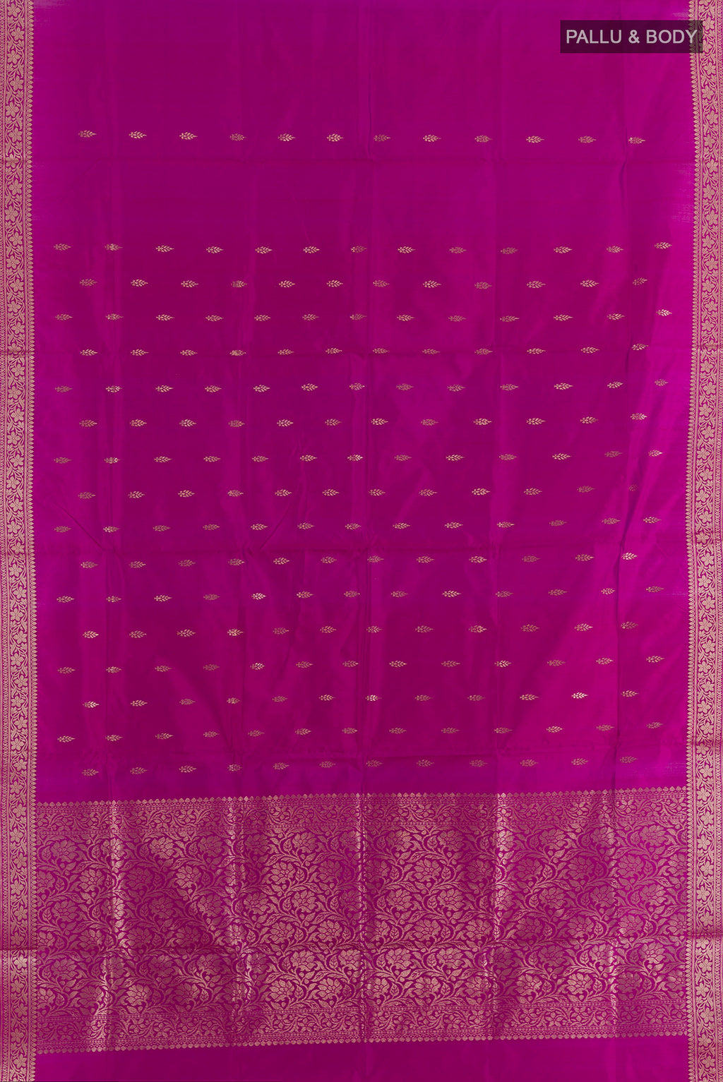 Flat view of Pure Silk Magenta Banarasi Katan Saree with Zari Butta on the body and Zari Border. 
