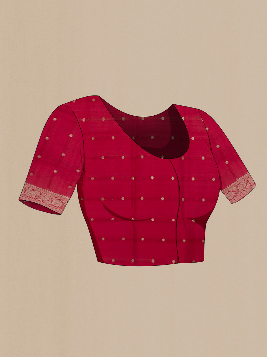 Close up image of the blouse of Pure Silk Red Banarasi Katan Saree with Zari Butta on the body and Zari Border. 