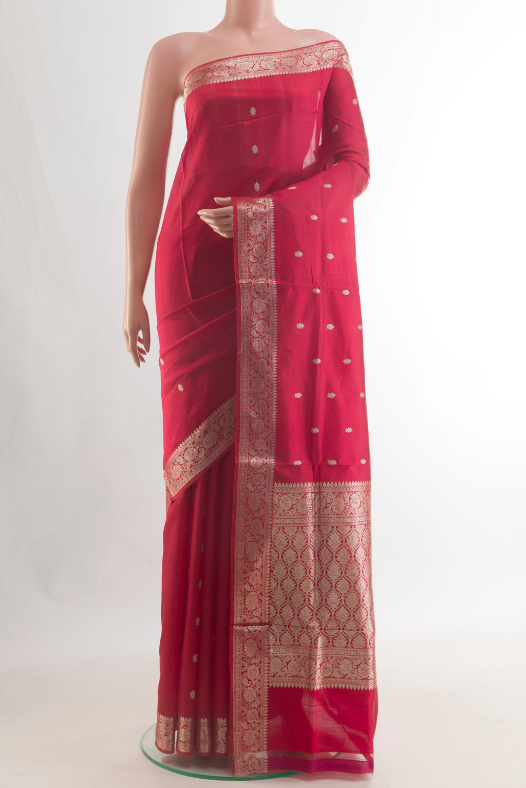 Pure Silk Red Banarasi Katan Saree with Zari Butta on the body and Zari Border.  displayed on a mannequin