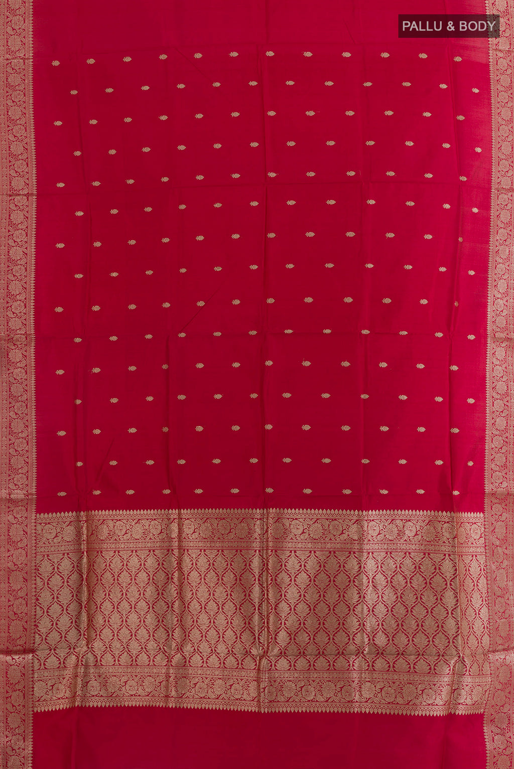 Flat view of Pure Silk Red Banarasi Katan Saree with Zari Butta on the body and Zari Border. 