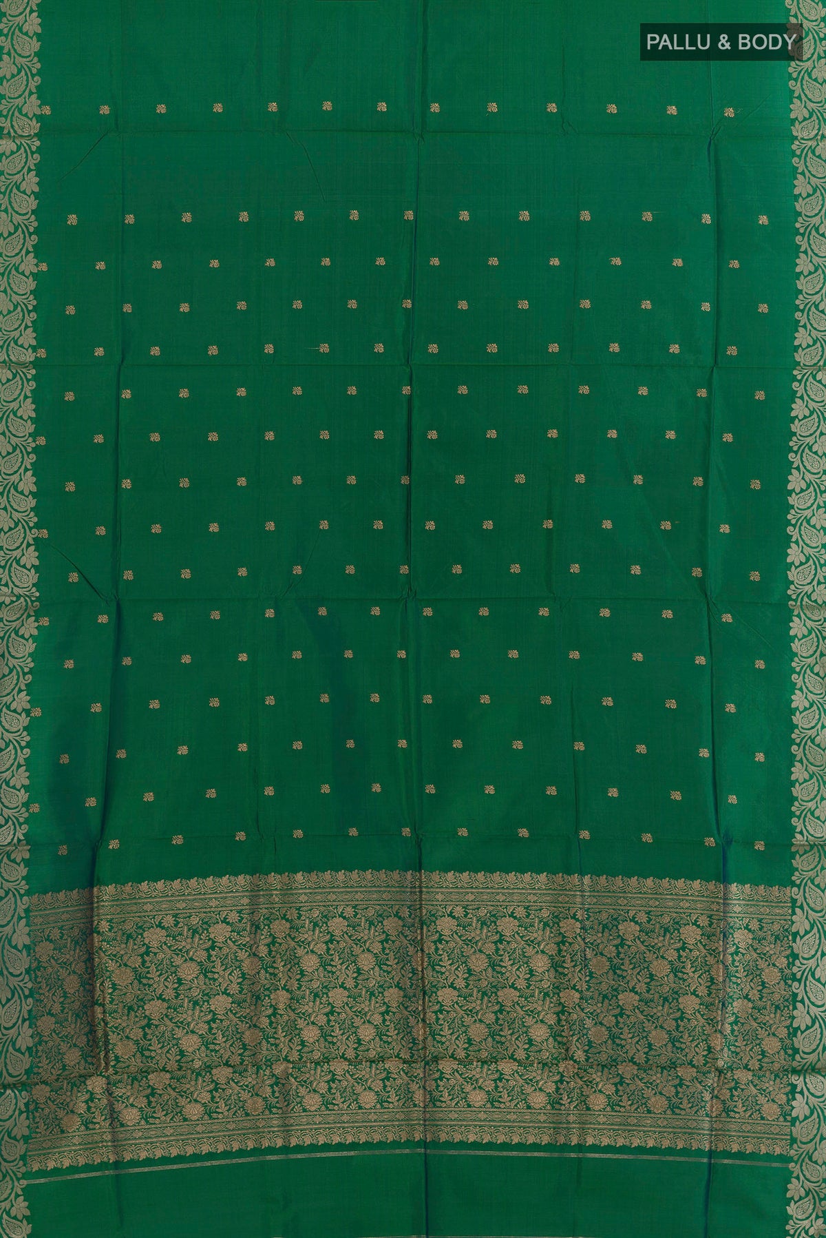Flat view of Pure Silk Green Banarasi Katan Saree with Zari Butta on the body and Zari Border. 