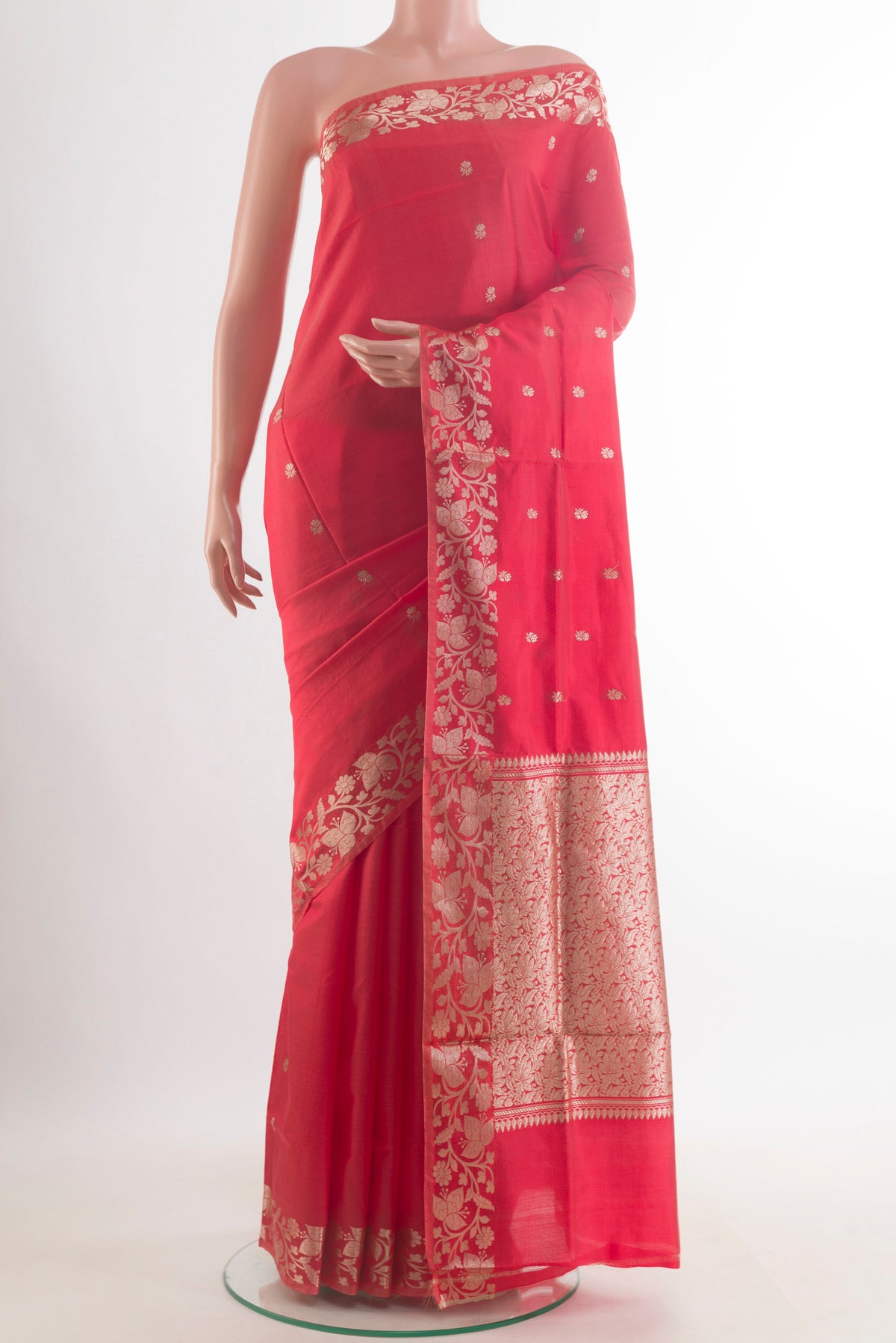 Pure Silk Red Banarasi Katan Saree with Zari Butta on the body and Zari Border.  displayed on a mannequin