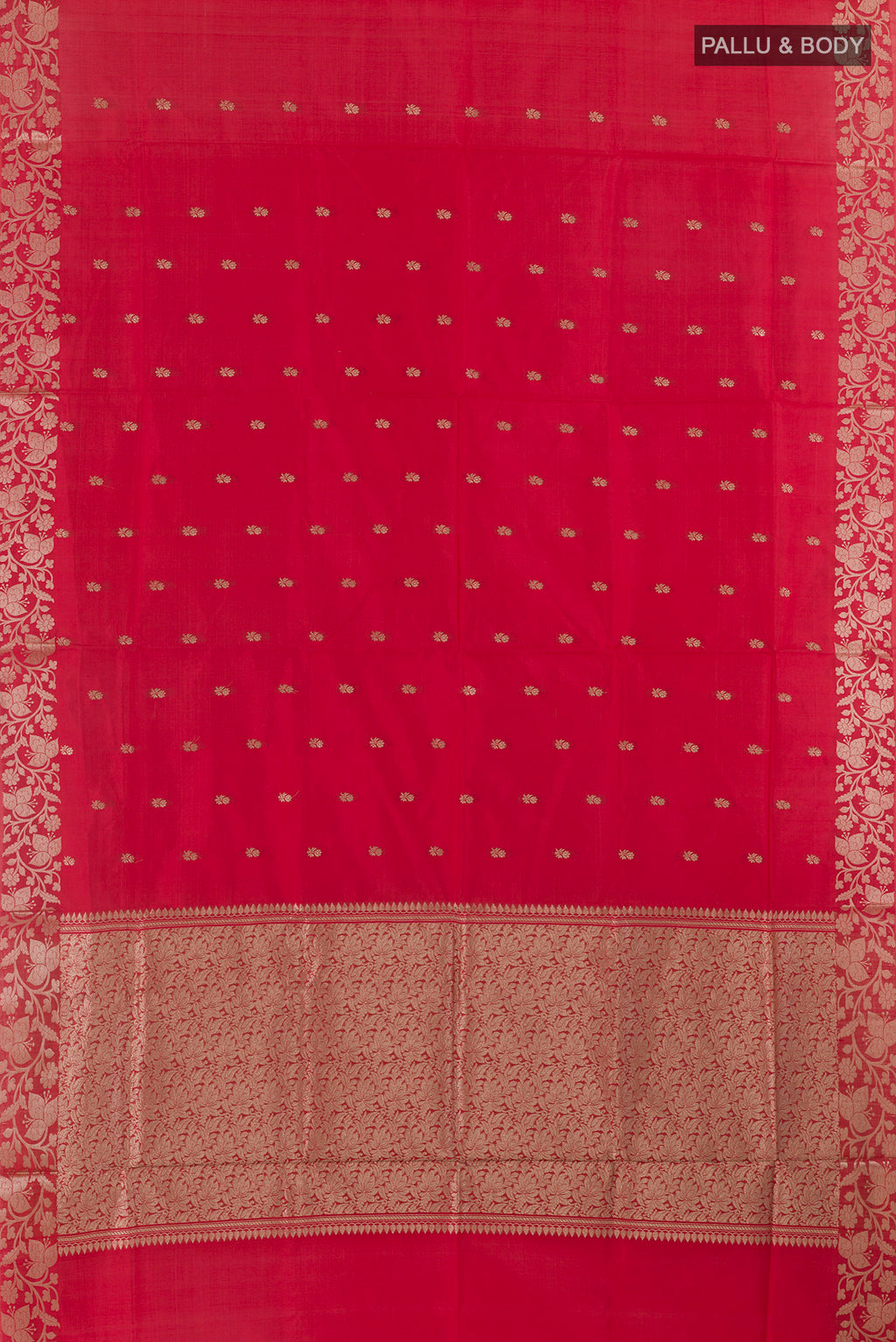 Flat view of Pure Silk Red Banarasi Katan Saree with Zari Butta on the body and Zari Border. 