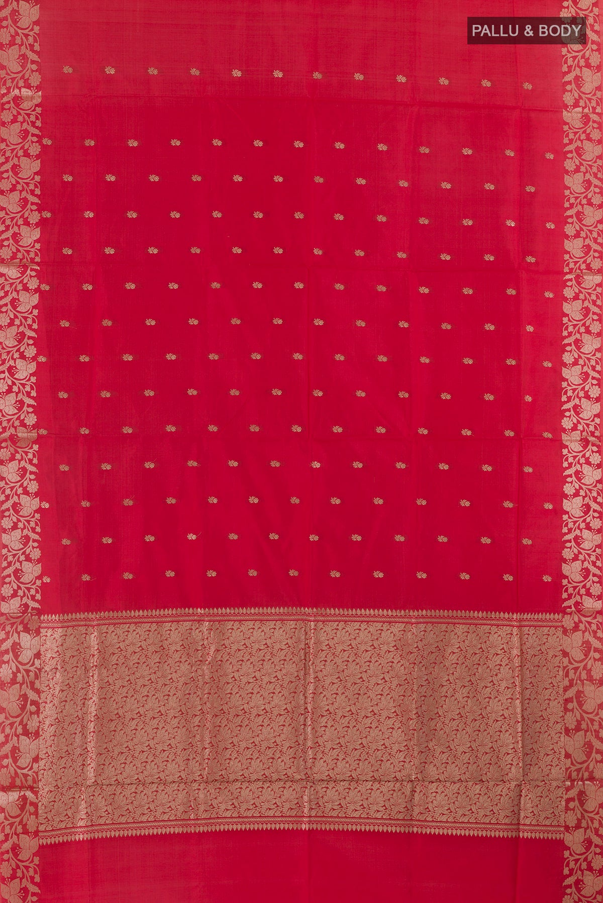 Flat view of Pure Silk Red Banarasi Katan Saree with Zari Butta on the body and Zari Border. 