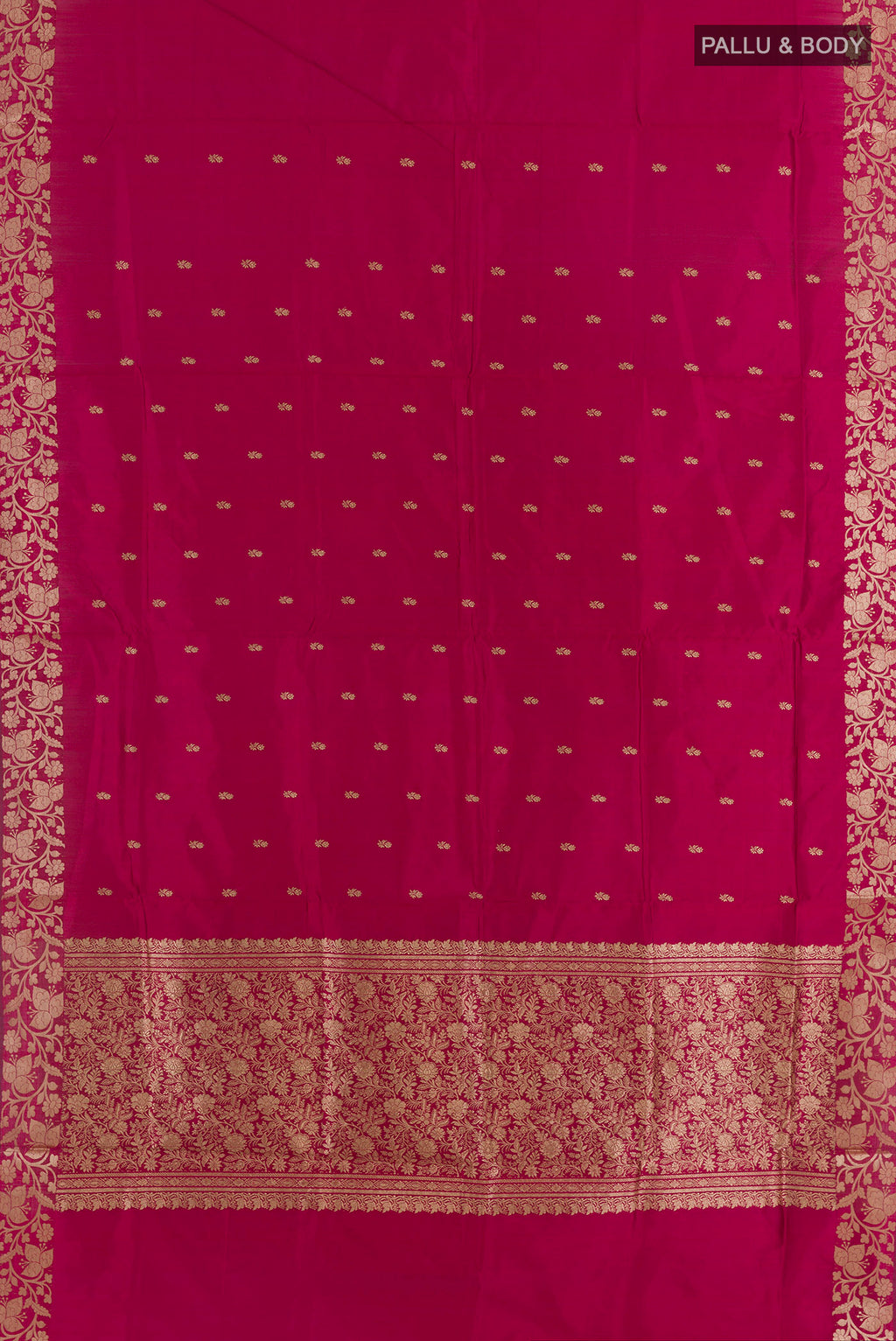 Flat view of Pure Silk Dark Pink Banarasi Katan Saree with Zari Butta on the body and Zari Border. 