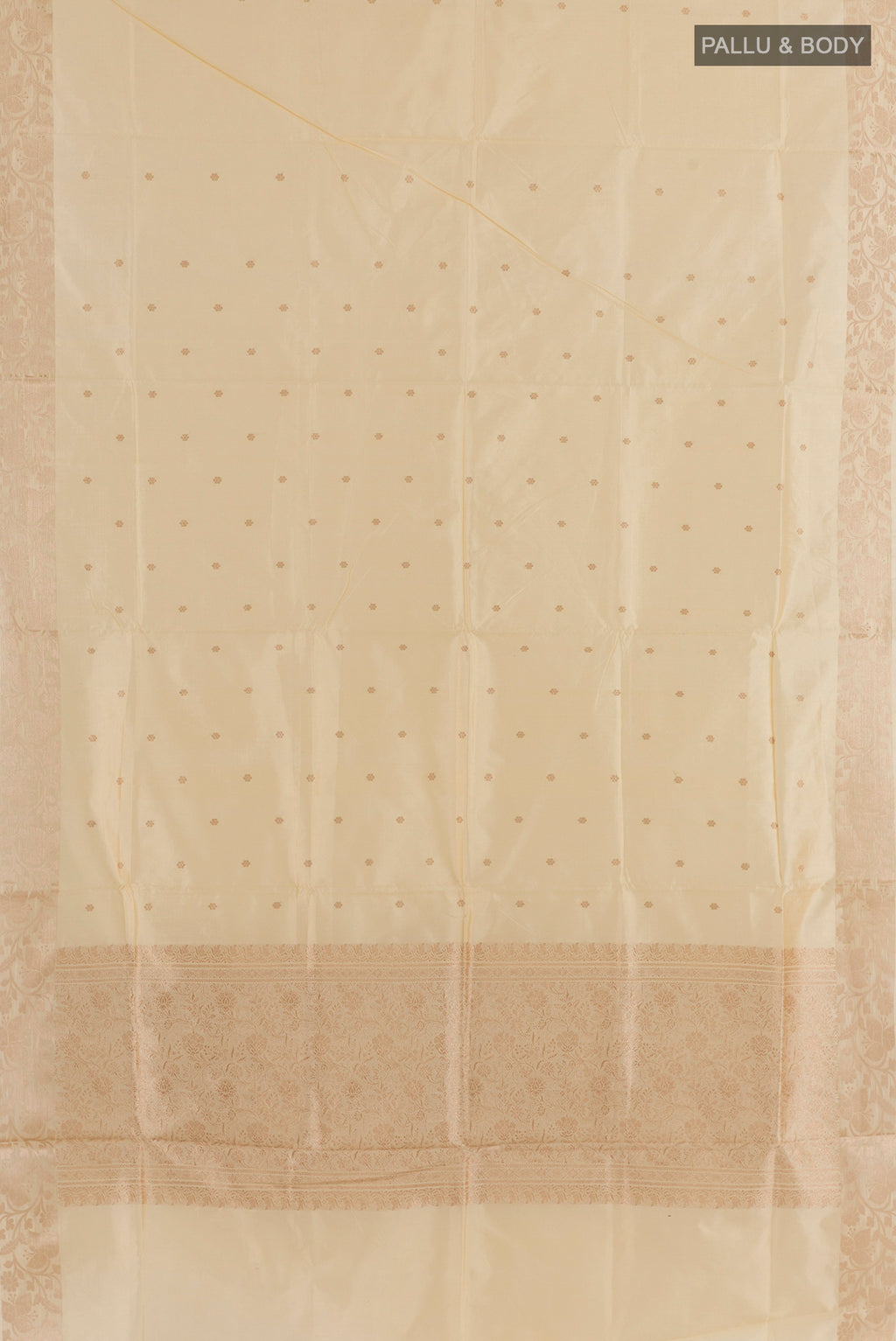 Flat view of Pure Silk Off White Banarasi Katan Saree with Zari Butta on the body and Zari Border. 