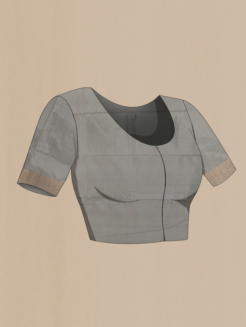 Close up image of the blouse of Pure Silk Grey Banarasi Katan Saree with Zari Butta on the body and Zari Border. 