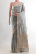 Pure Silk Grey Banarasi Katan Saree with Zari Butta on the body and Zari Border.  displayed on a mannequin