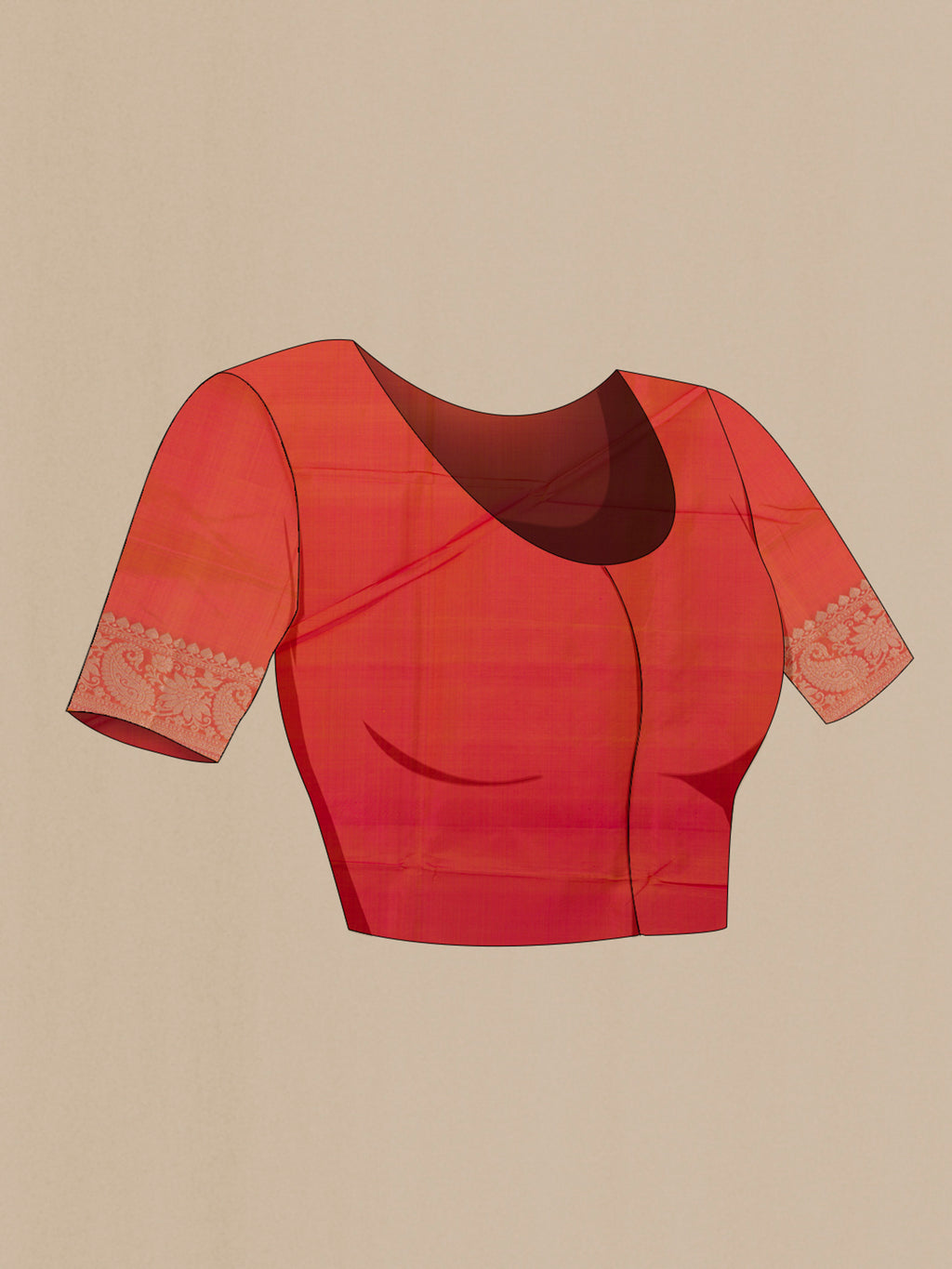 Close up image of the blouse of Pure Silk Orange Banarasi Katan Saree with Zari Butta on the body and Zari Border. 