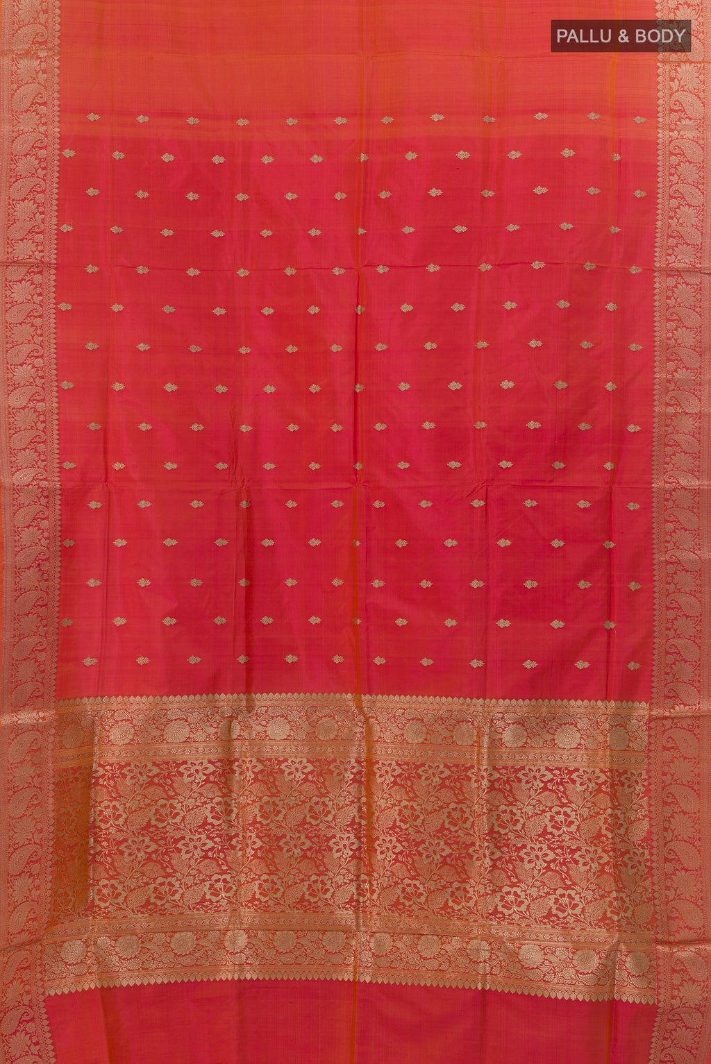 Flat view of Pure Silk Orange Banarasi Katan Saree with Zari Butta on the body and Zari Border. 