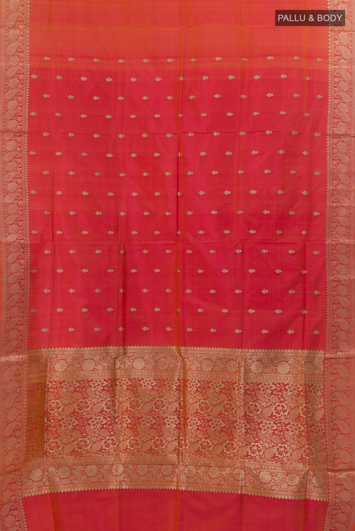 Flat view of Pure Silk Orange Banarasi Katan Saree with Zari Butta on the body and Zari Border. 