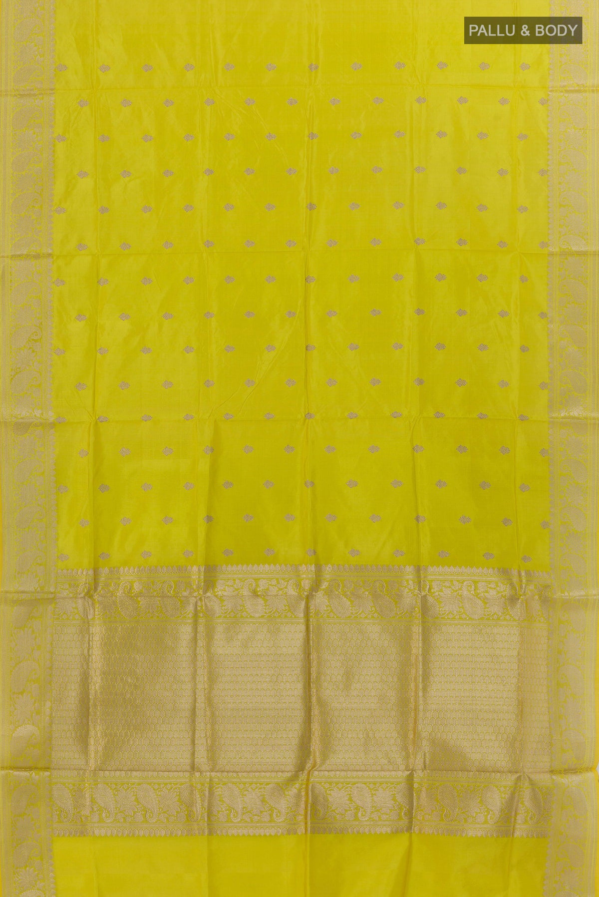 Flat view of Pure Silk Lemon Yellow Banarasi Katan Saree with Zari Butta on the body and Zari Border. 