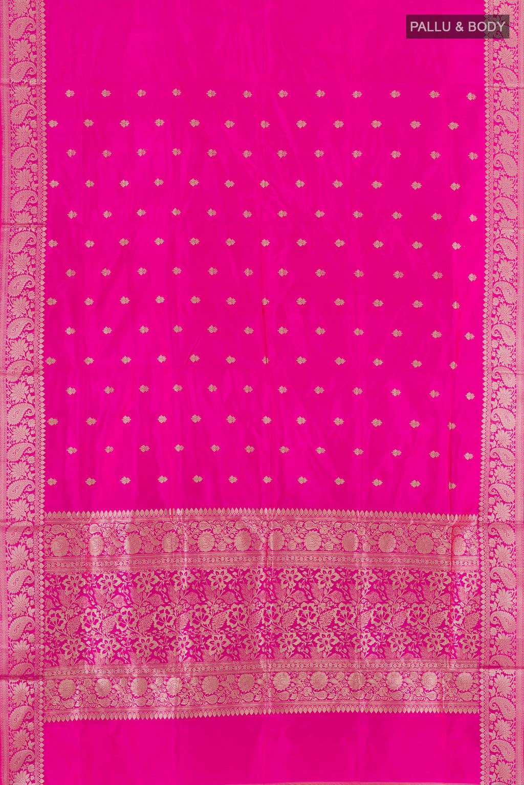 Flat view of Pure Silk Pink Banarasi Katan Saree with Zari Butta on the body and Zari Border. 