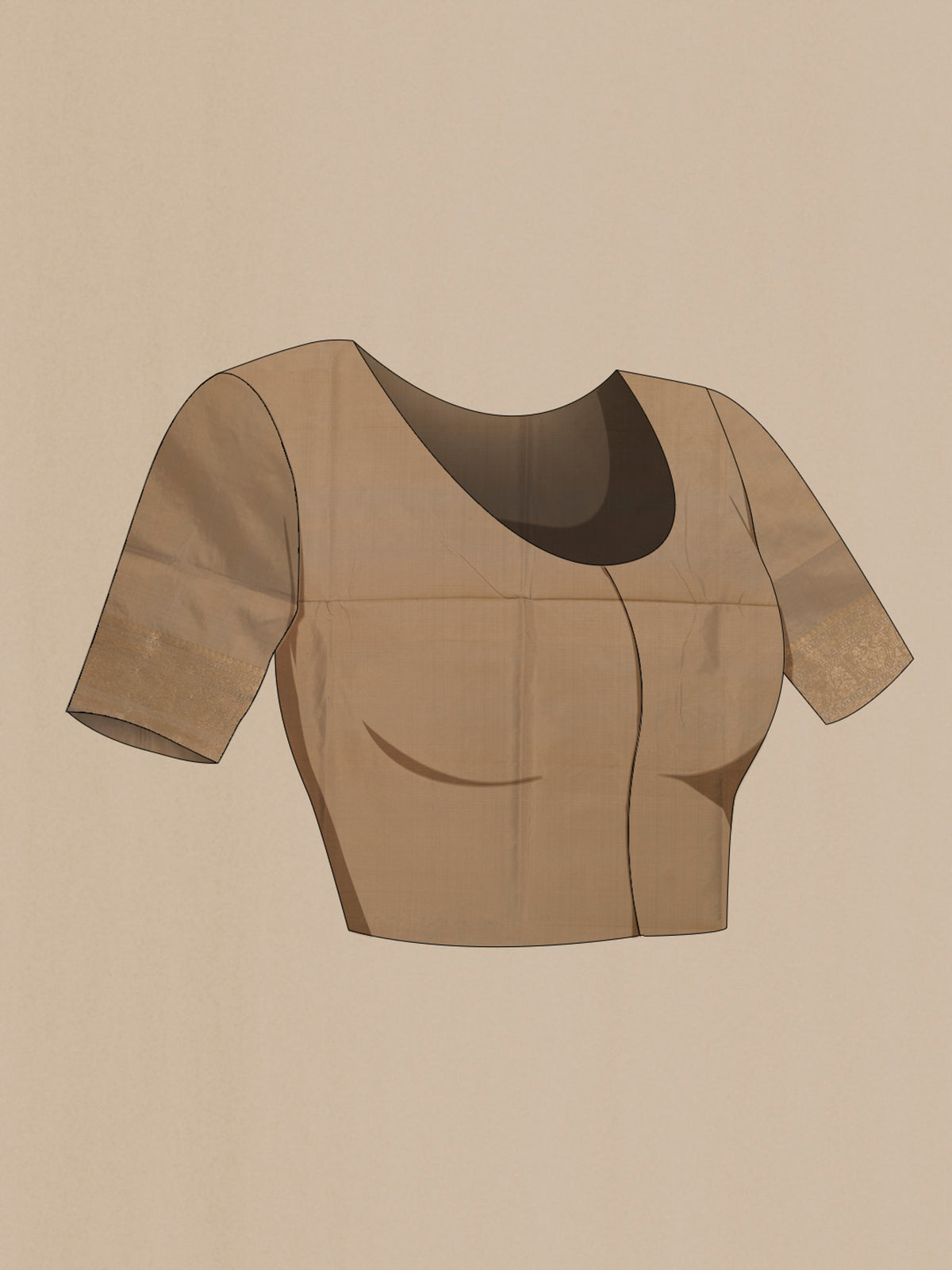 Close up image of the blouse of Pure Silk Dark Beige Banarasi Katan Saree with Zari Butta on the body and Zari Border. 