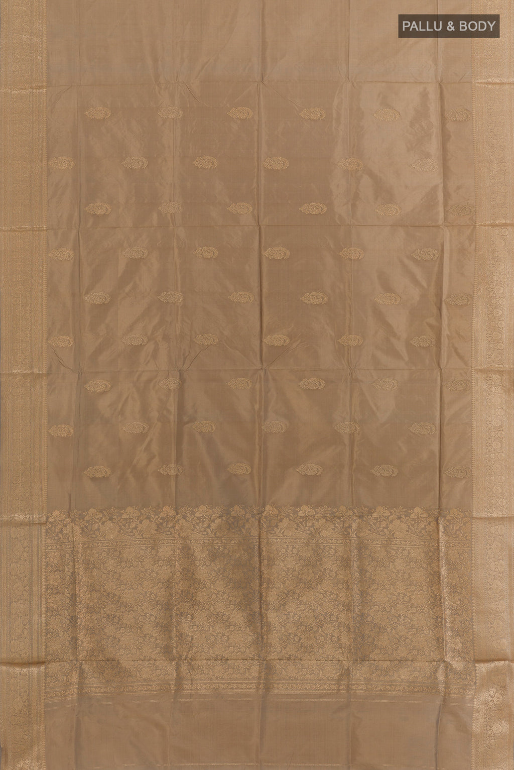 Flat view of Pure Silk Dark Beige Banarasi Katan Saree with Zari Butta on the body and Zari Border. 