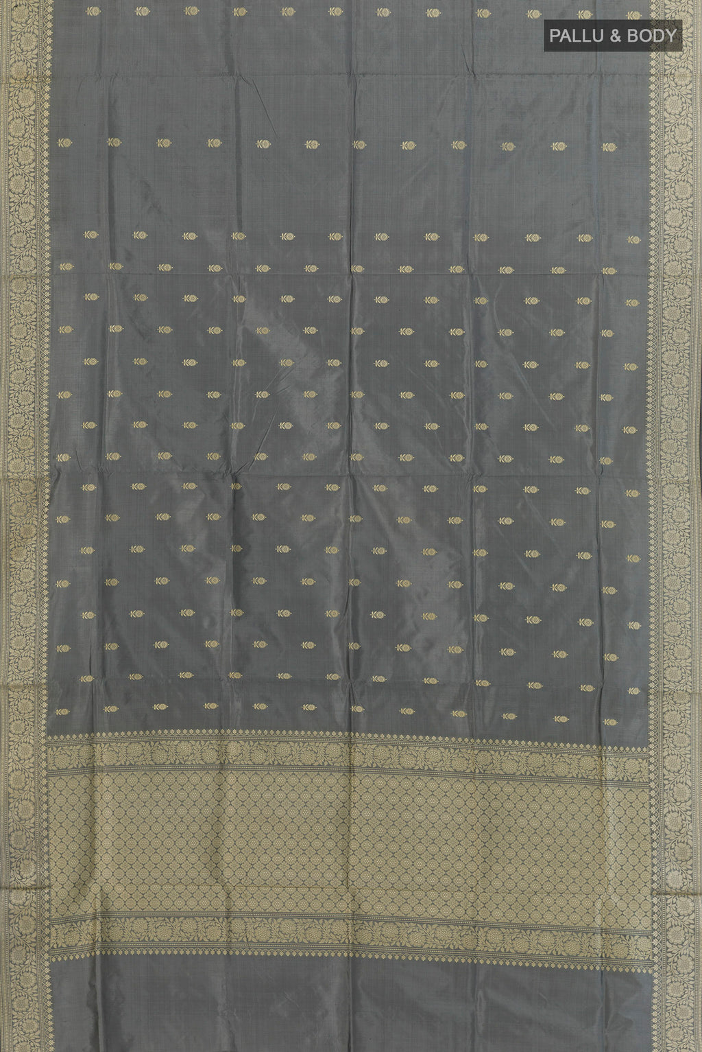 Flat view of Pure Silk Grey Banarasi Katan Saree with Thread Butta on the body and Thread Border. 