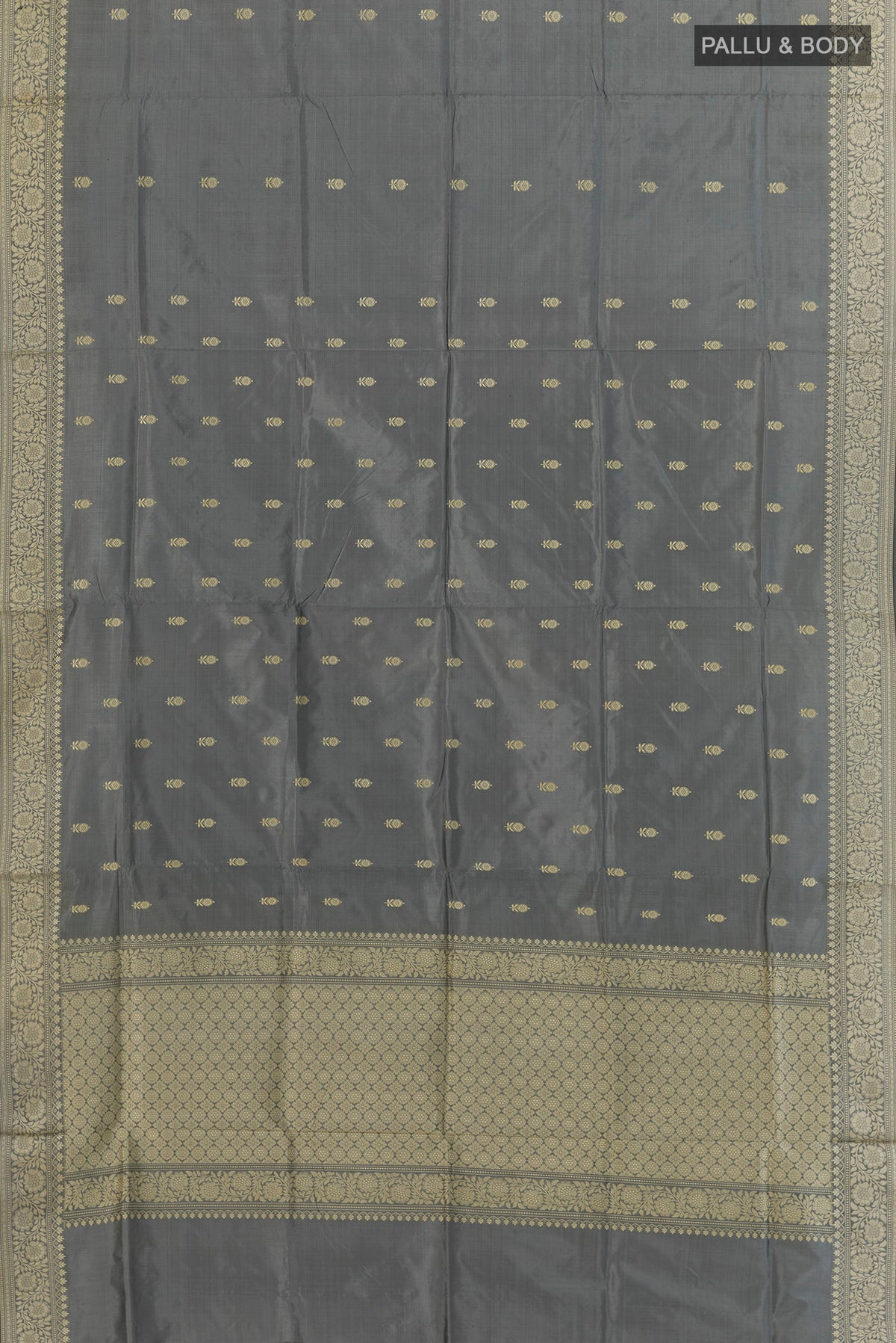 Flat view of Pure Silk Grey Banarasi Katan Saree with Thread Butta on the body and Thread Border. 