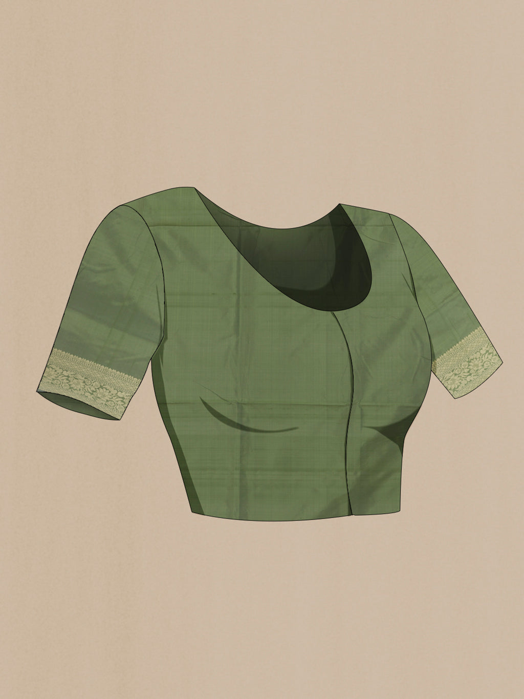 Close up image of the blouse of Pure Silk Green Banarasi Katan Saree with Zari Butta on the body and Zari Border. 