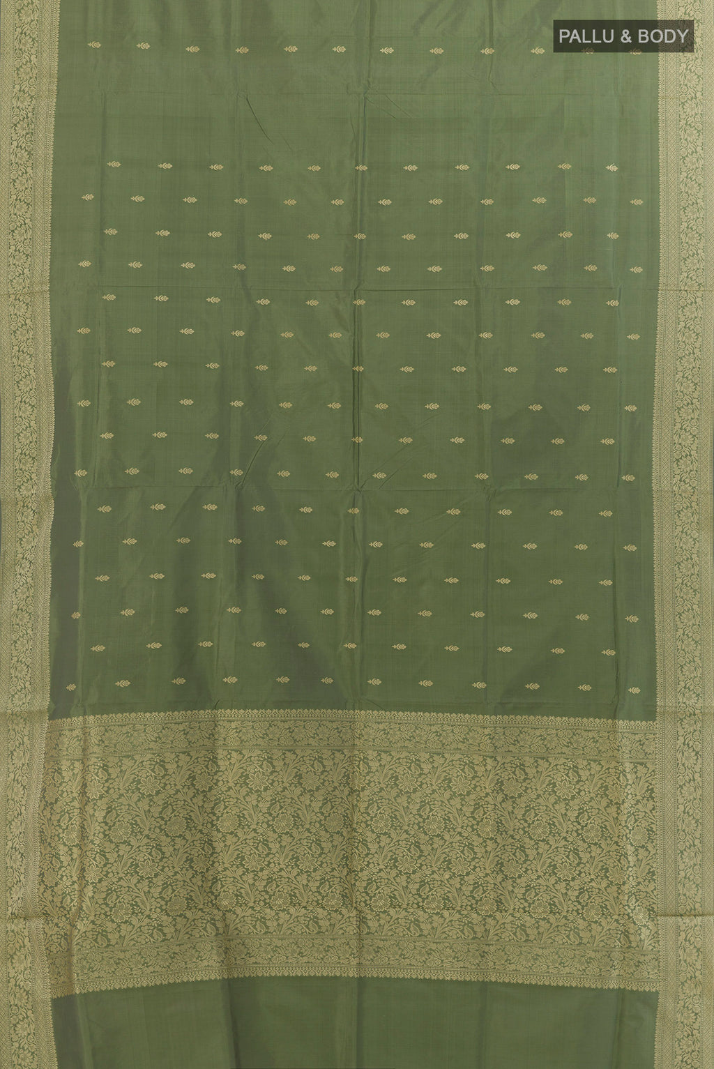 Flat view of Pure Silk Green Banarasi Katan Saree with Zari Butta on the body and Zari Border. 