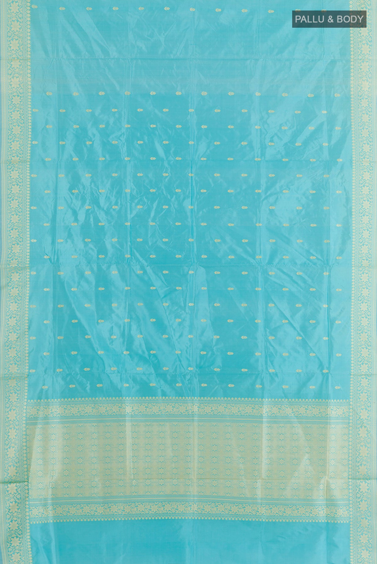 Flat view of Pure Silk Turquoise Banarasi Katan Saree with Thread Butta on the body and Thread Border. 