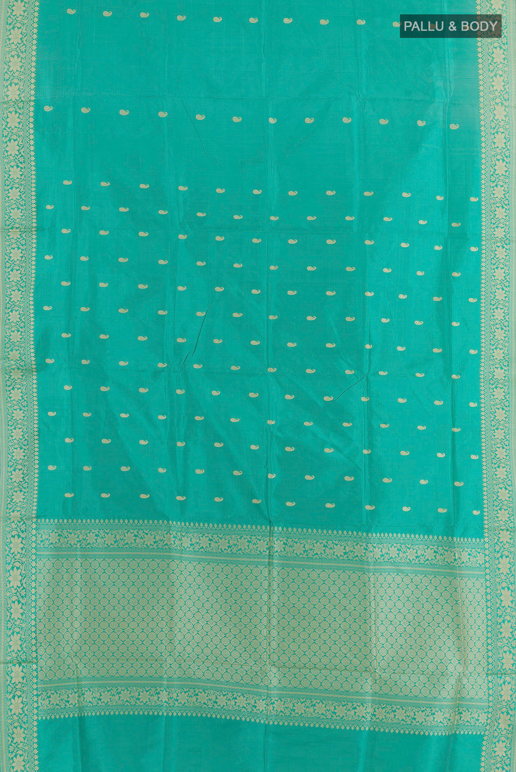 Flat view of Pure Silk Sea Green Banarasi Katan Saree with Thread Butta on the body and Thread Border. 