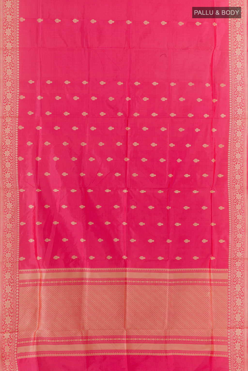 Flat view of Pure Silk Pink Banarasi Katan Saree with Thread Butta on the body and Thread Border. 