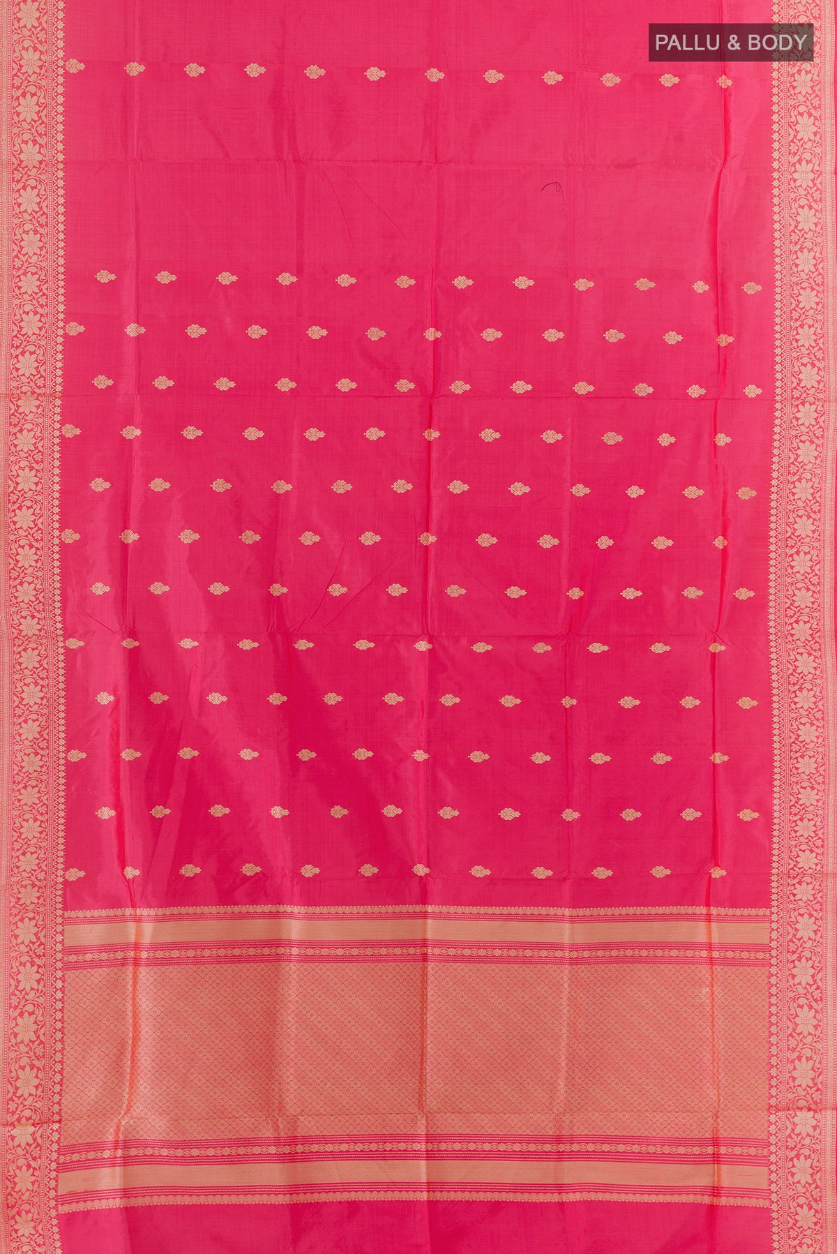 Flat view of Pure Silk Pink Banarasi Katan Saree with Thread Butta on the body and Thread Border. 