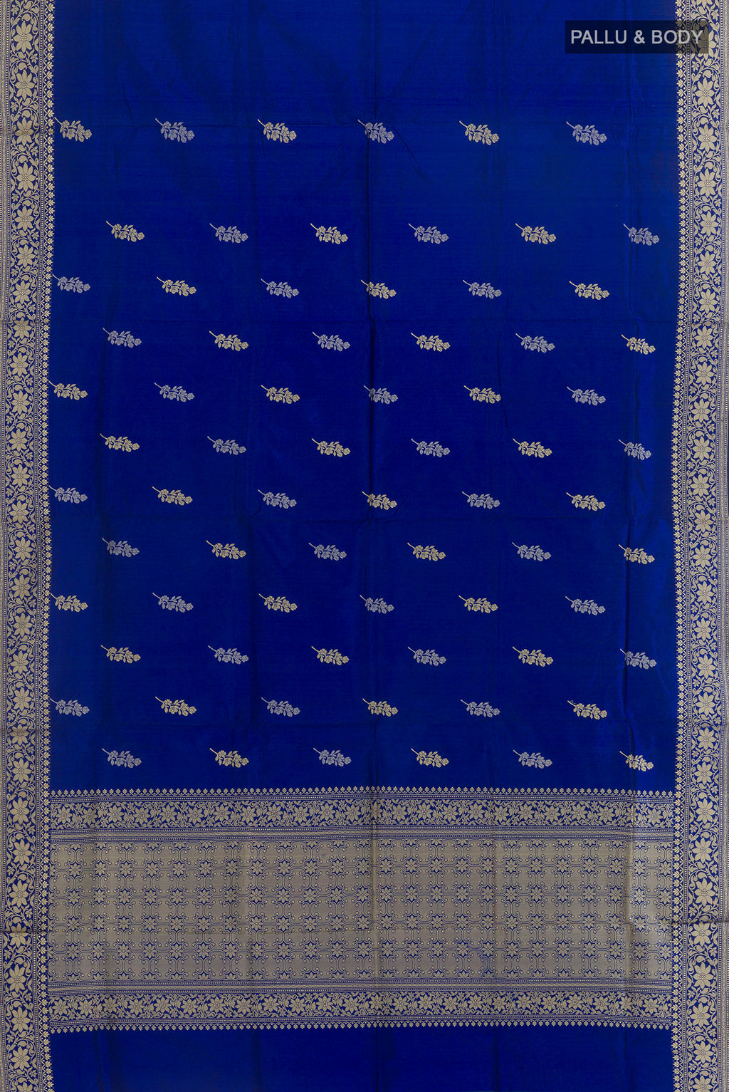 Flat view of Pure Silk Blue Banarasi Katan Saree with Thread Butta on the body and Thread Border. 