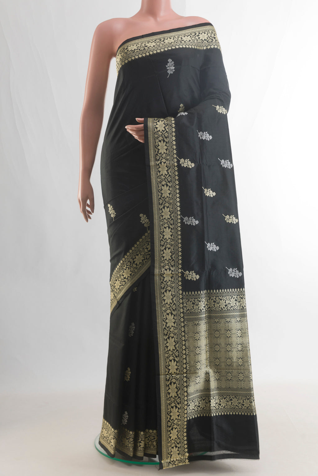 Pure Silk Black Banarasi Katan Saree with Thread Butta on the body and Thread Border.  displayed on a mannequin